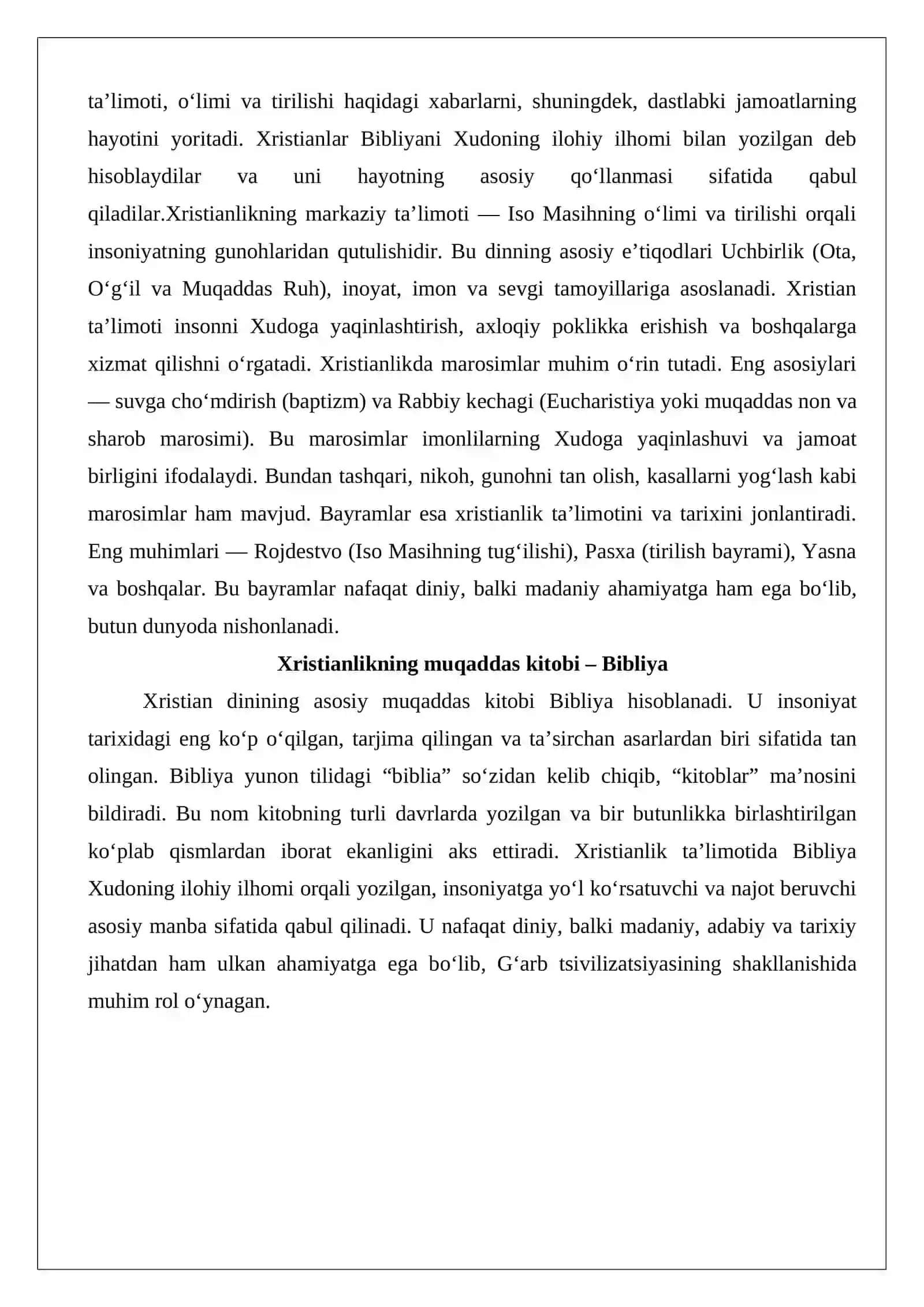 Xristianlikning muqaddas kitobi. Xristianlikning ta’limoti, marosimlari va bayramlari 2