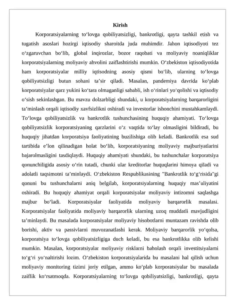 Korporatsiyalarning to'lovga qobilyatsizligi, bankrotligi, qayta tashkil etish, tugatish asoslari 2