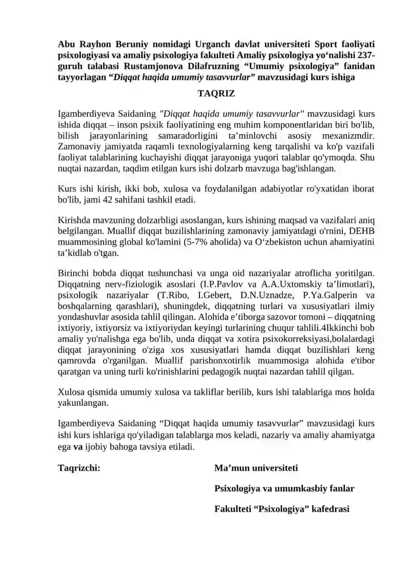 "Diqqat haqida umumiy tasavvurlar" kurs ishi 2
