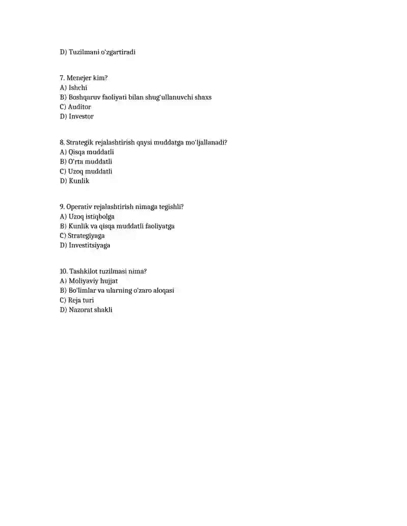 Menejment fanidan test savollari (30 ta) 2