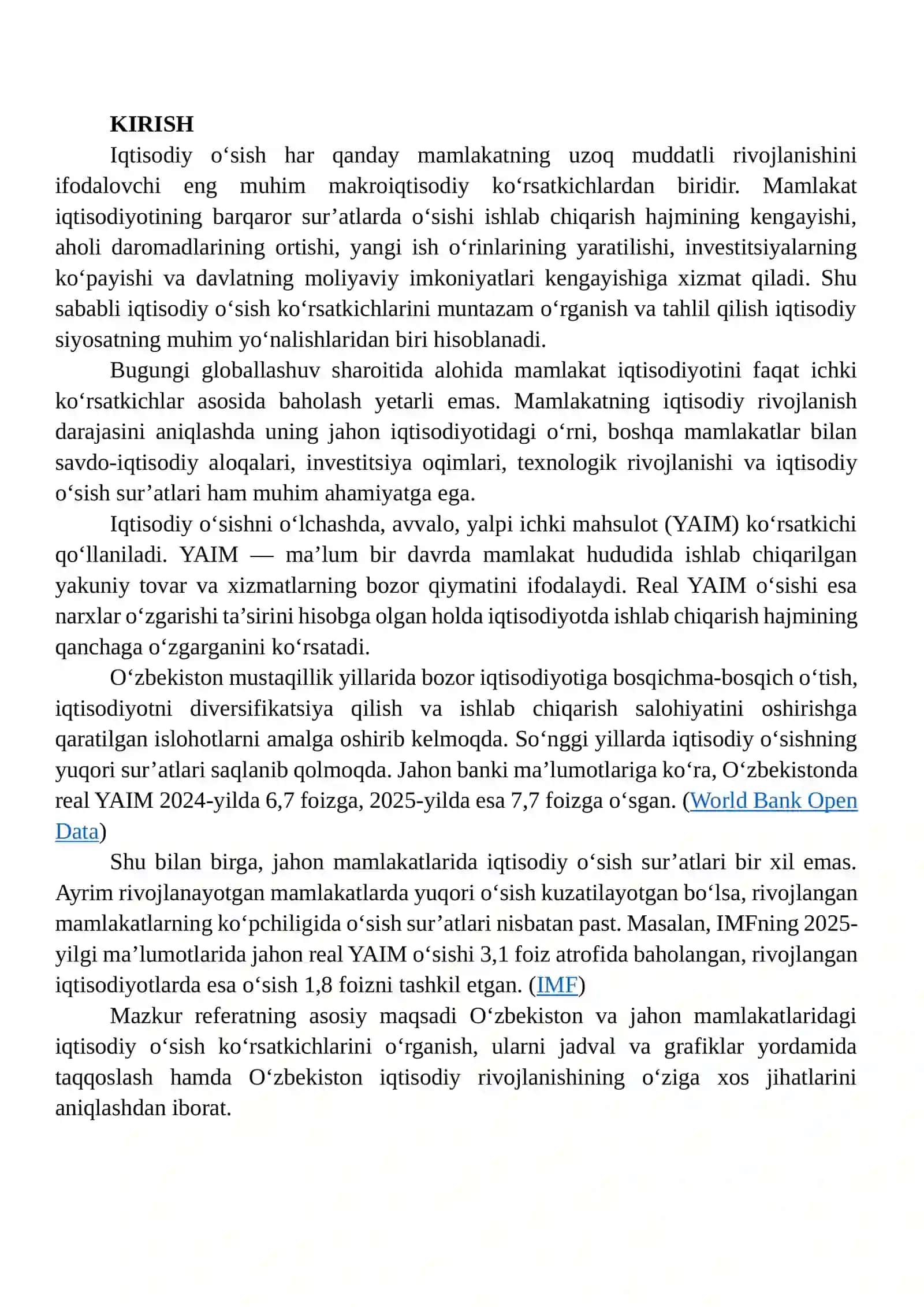 O‘ZBEKISTON VA JAHON MAMLAKATLARIDA IQTISODIY O‘SISH KO‘RSATKICHLARINI JADVAL VA GRAFIKLAR ASOSIDA TAHLIL QILISH 2