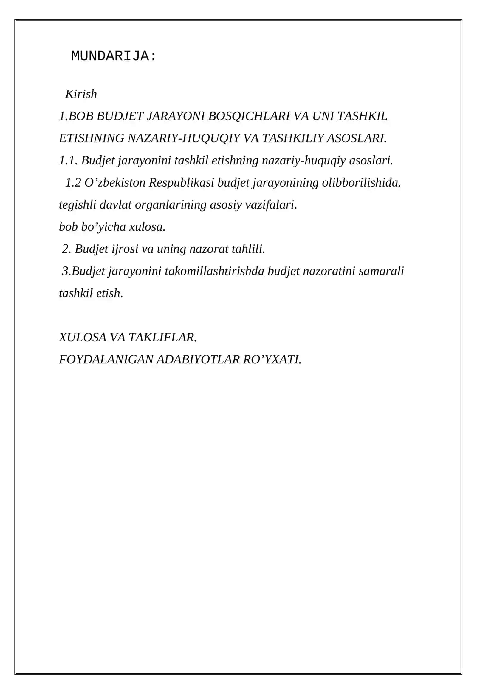 “BUDJET MUNOSABATLARINING QONUNY HUQUQIY ASOSLARI” MAVZUSIDAGI KURS ISHI 2
