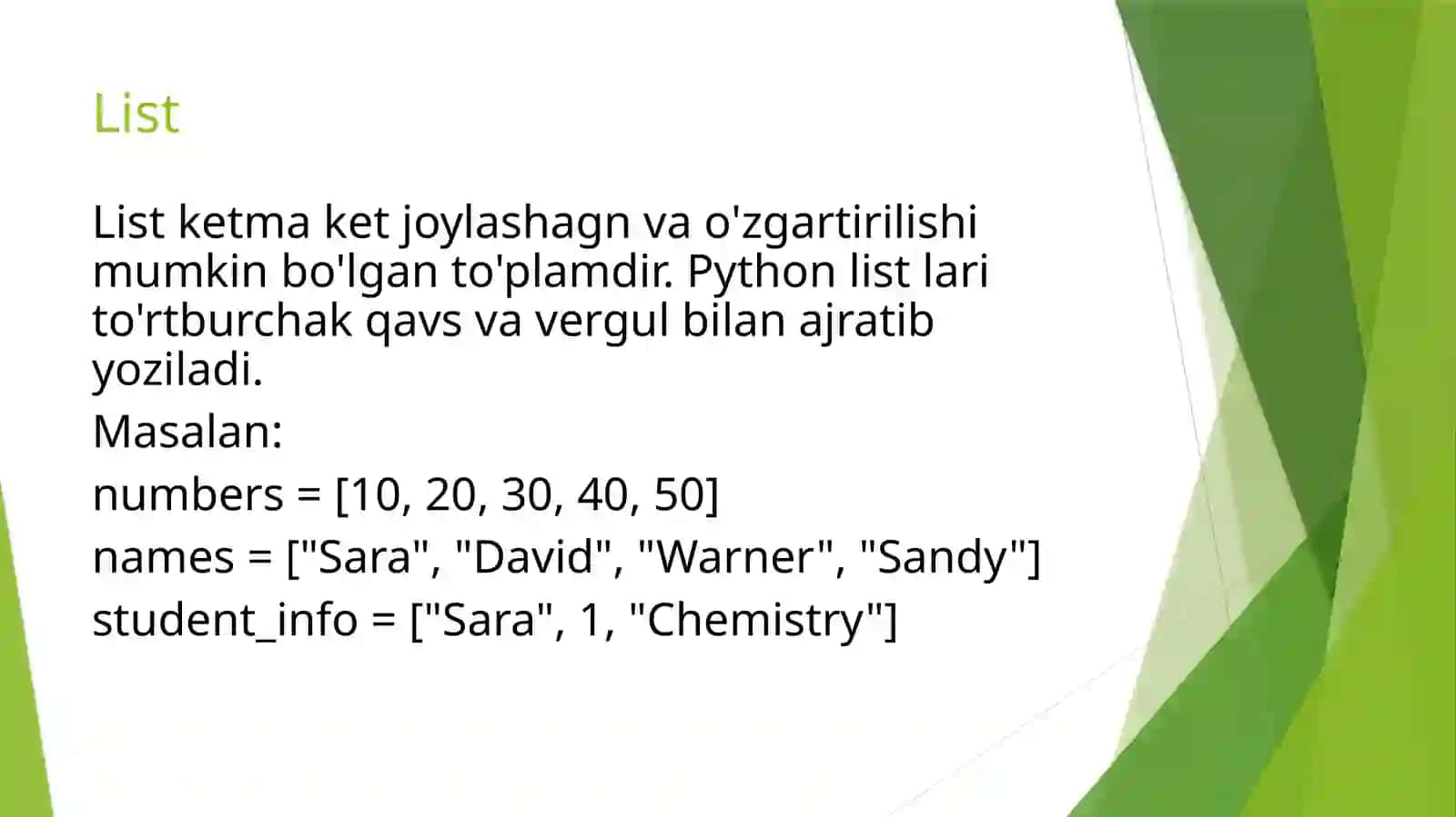 PYTHONDA MA’LUMOTLAR TUZILMASI( list, tuple,set,dictionary) 2