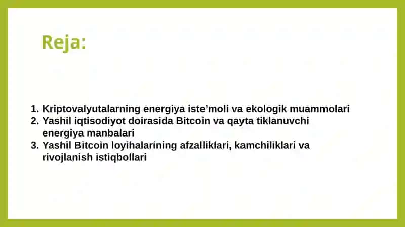Kriptovalyutalarning energiya iste’moli yashil Bitcoin loyihalarining bahosi 2