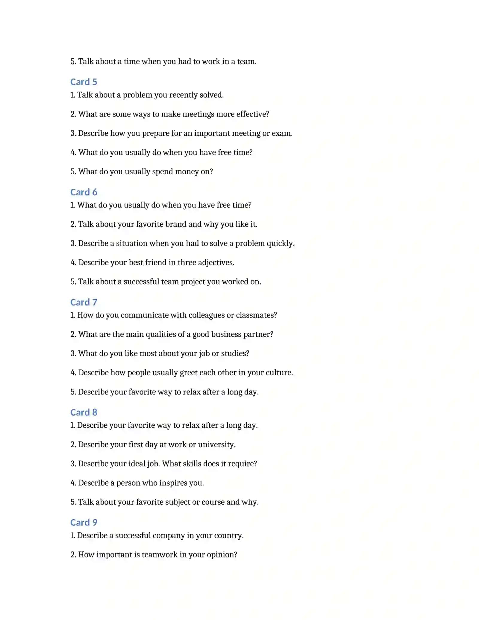 Mid-Term Speaking Assessment | General + Business Topics | Pre-Intermediate Level 2