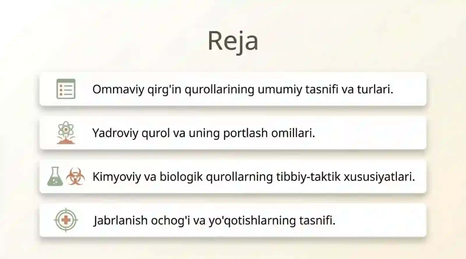 Ommaviy qirgʻin qurollarining tavsifi jabrlanish oʻchogʻining tibbiy-taktik tavsifi yoʻqotishlar 2