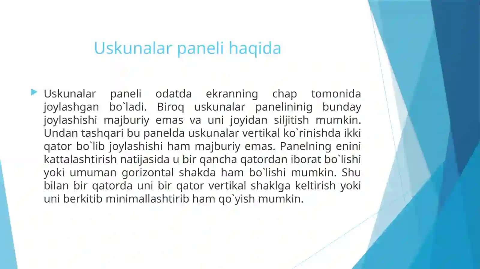 Uskunalar paneli va ularning funksiyalari 2