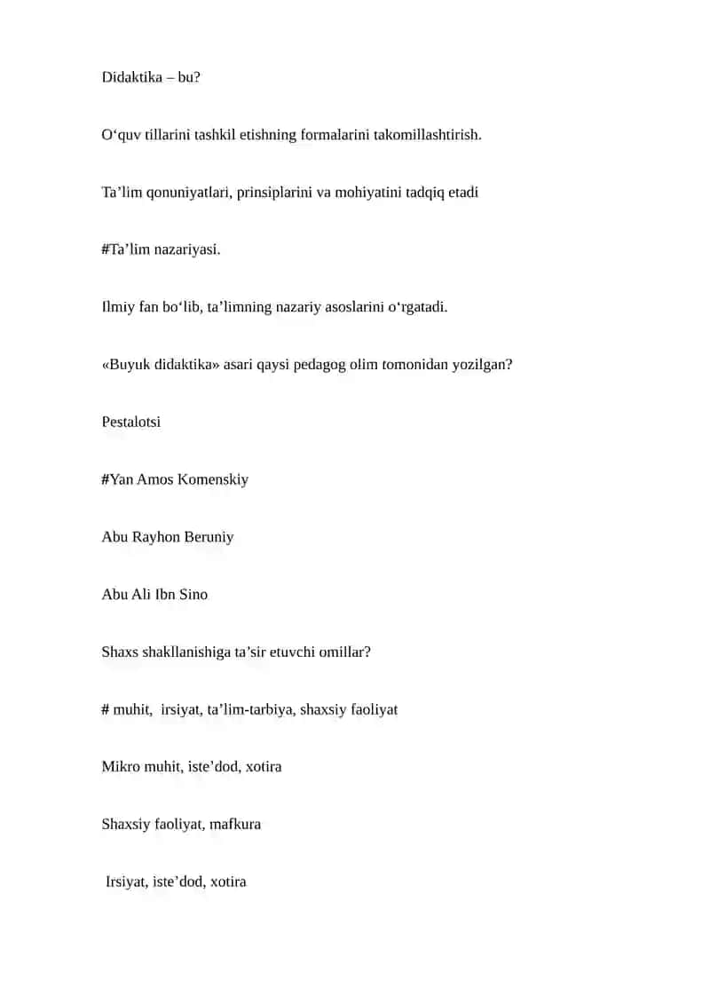 Pedagogika va nazariyasi test savollar 2