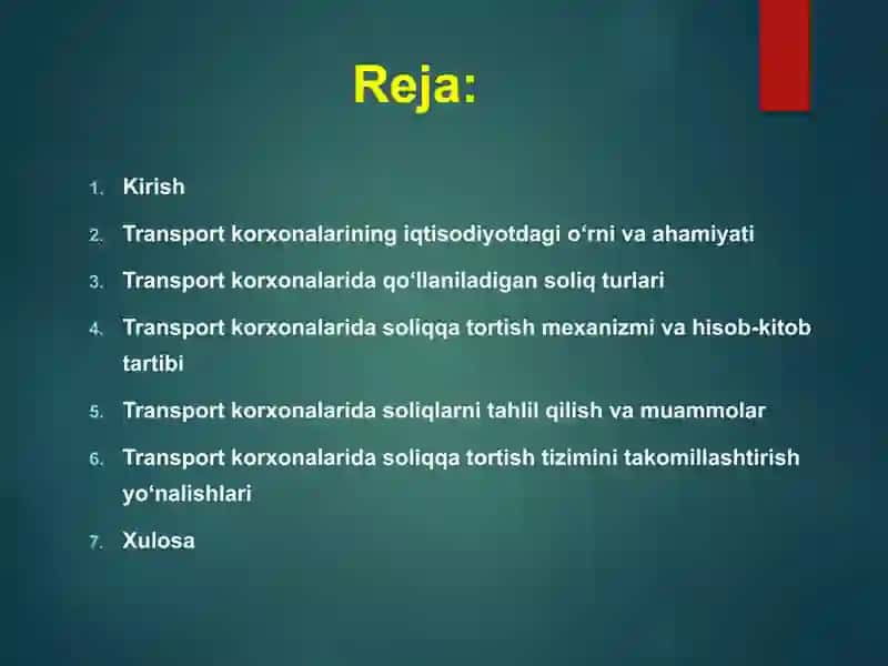 Transport korxonalarida soliqlar va soliqqa tortishning tahlili. 2