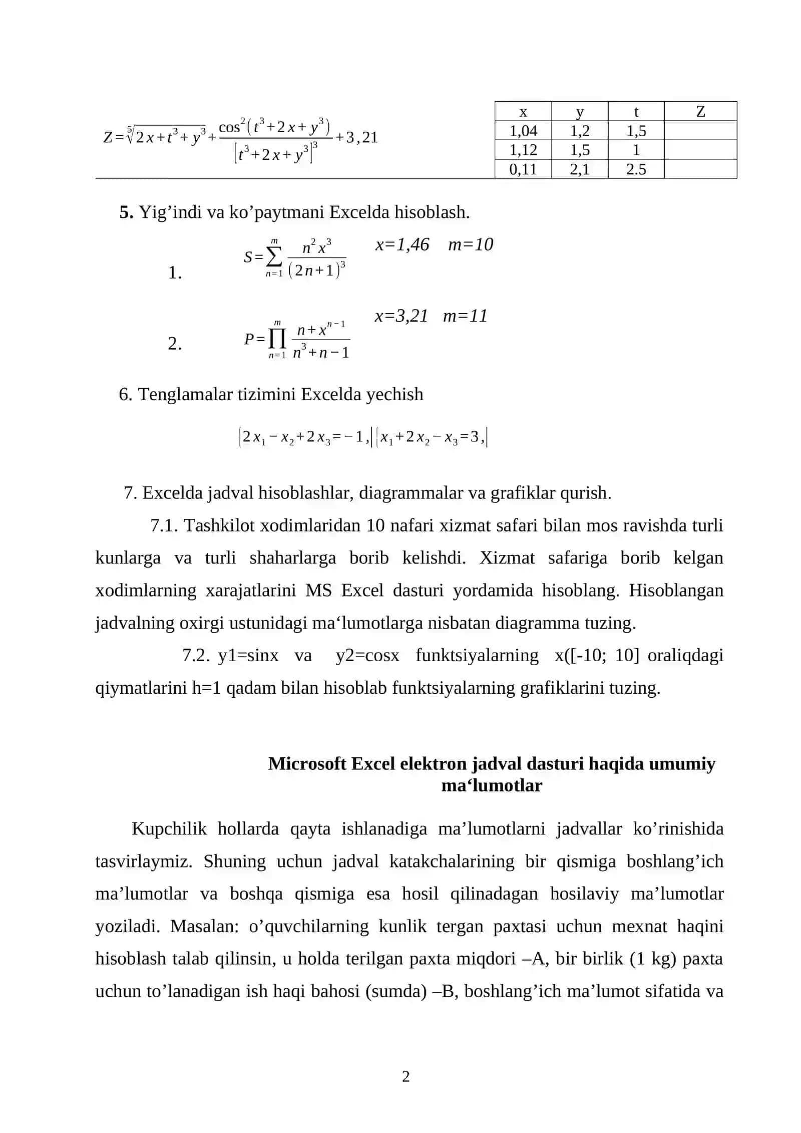 Excel elektron jadval dasturi 2