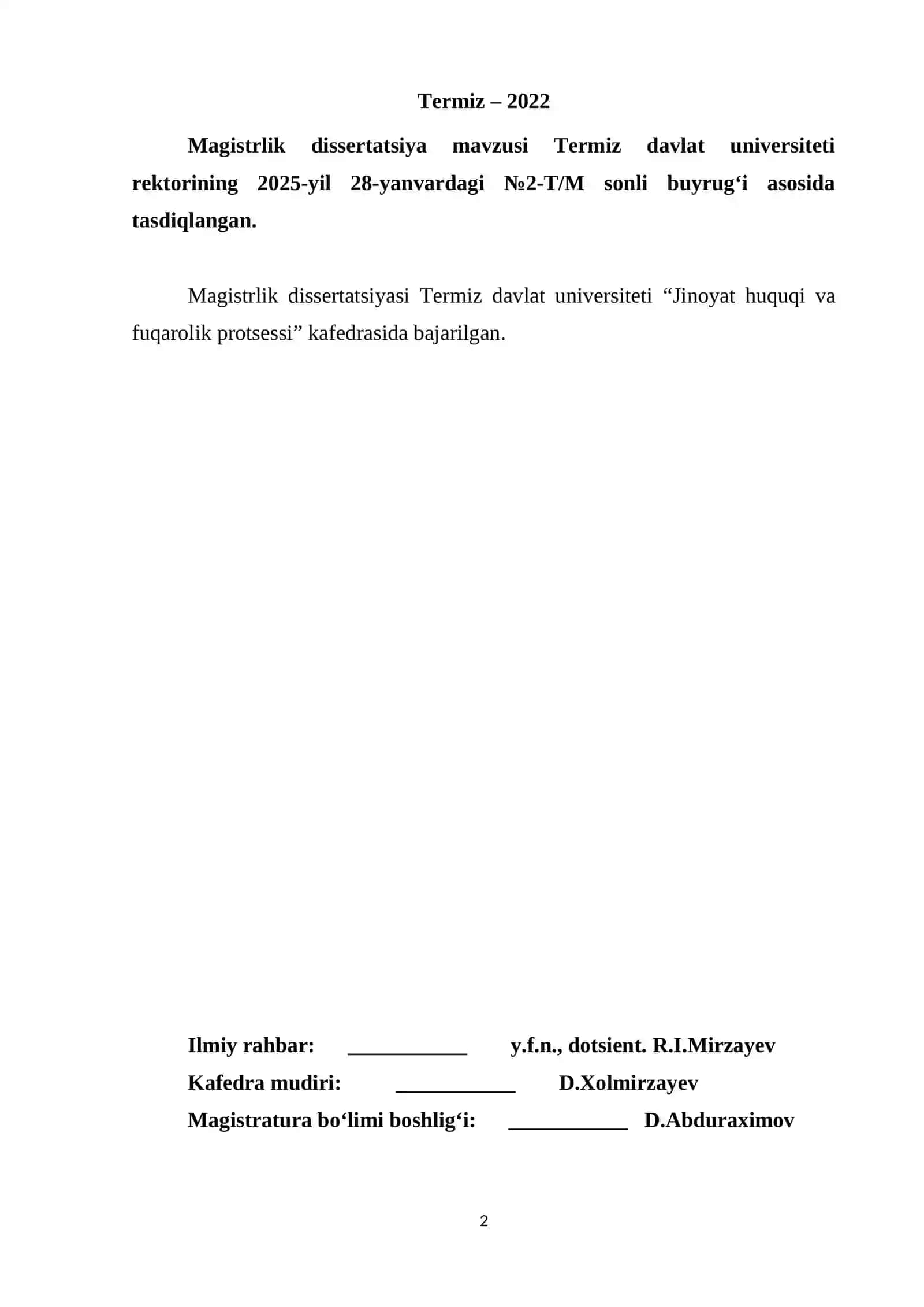 Magistrlilik dissertatsiyasi: "Mehnatga oid nizolarni hal qilishda advokat ishtiroki" 2