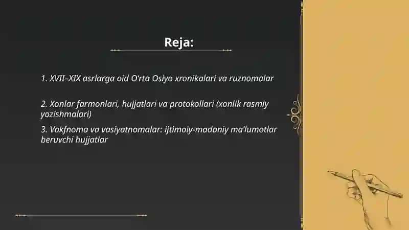 Õrta Osiyoning XVII XIX asrlar tarixiga oid yozma manbalar 2