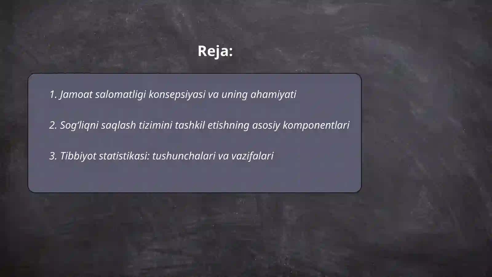 Jamoat salomatligi va sogʻliqni saqlashni tashkil etish fanini oʻrni asosi kompanentlari tibbiyot ststistika uning sogʻliqni saqlashdagi axamyati 2