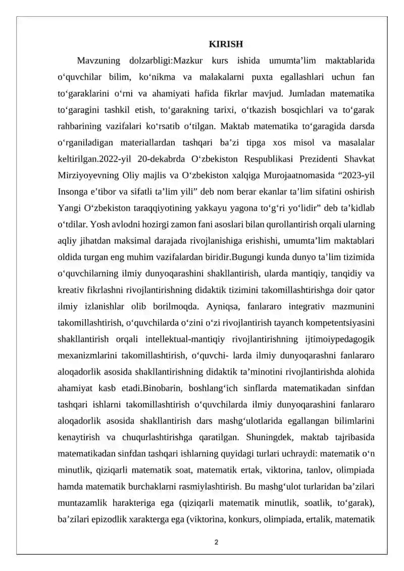 Boshlangʻich sinflarda matematikadan sinfdan tashqari ishlar 2