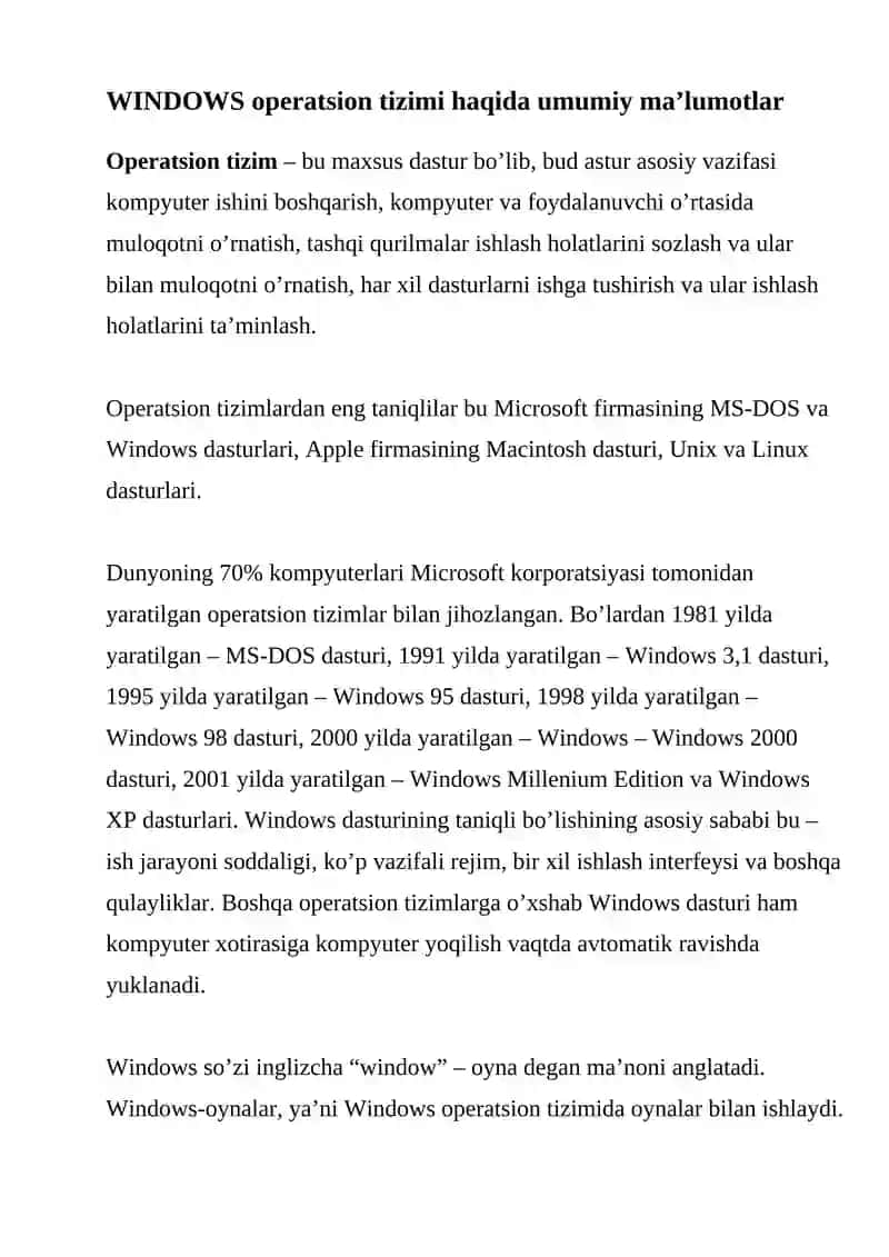 Windows operatsion tizimi haqida umumiy tushunchalar. Windows ning ishlash shartlari 2