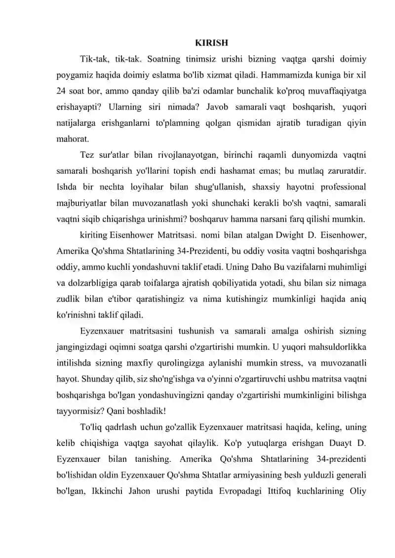 Ma'ruza - Vaqtni boshqarishda “Eyzenhower Matrix” (muhim va shoshilinch ishlarni ajratish) amaliyoti. 2