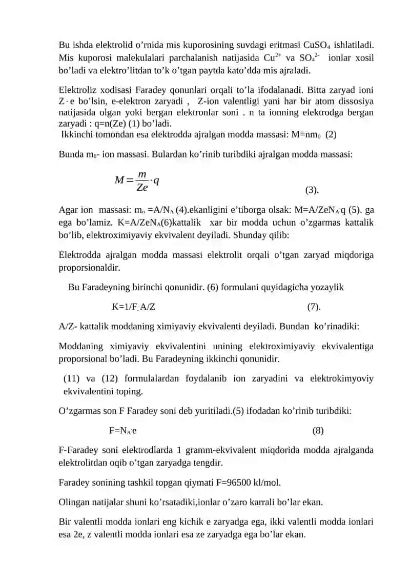 LABОRATОRIYA ISHI № 5. Mavzu: MISNING ELEKTROXIMIYAVIY EKVIVALENTINI VA ION ZARYADINI ANIQLASH. 2