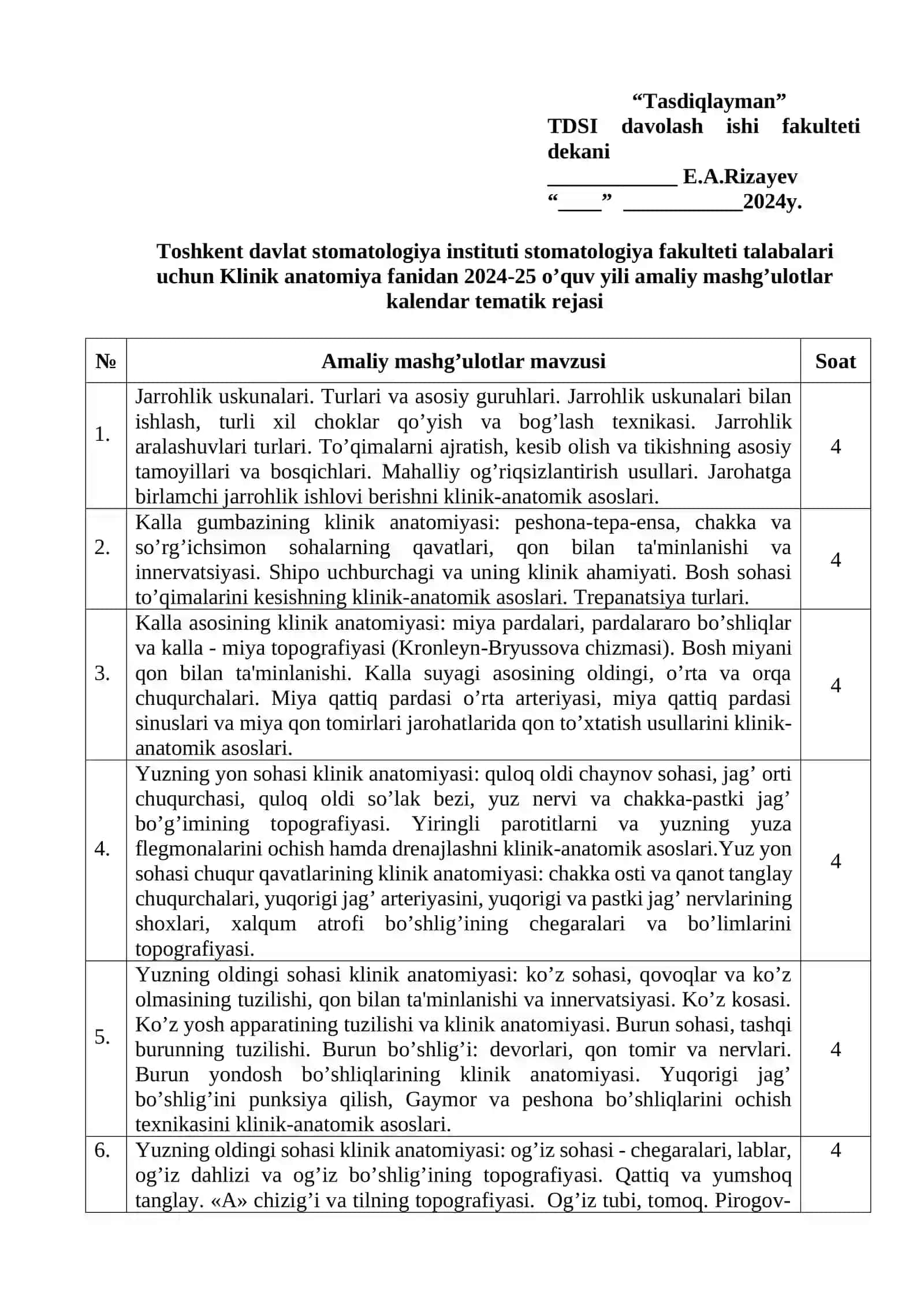 Klinik anatomiya fanidan 2024-25 o’quv yili ma'ruzalar kalendar tematik rejasi 2