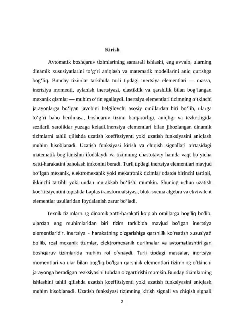 Inertsiya Elementlari Ega Tizimlarda Uzatish Koeffitsiyentini Hisoblash 2