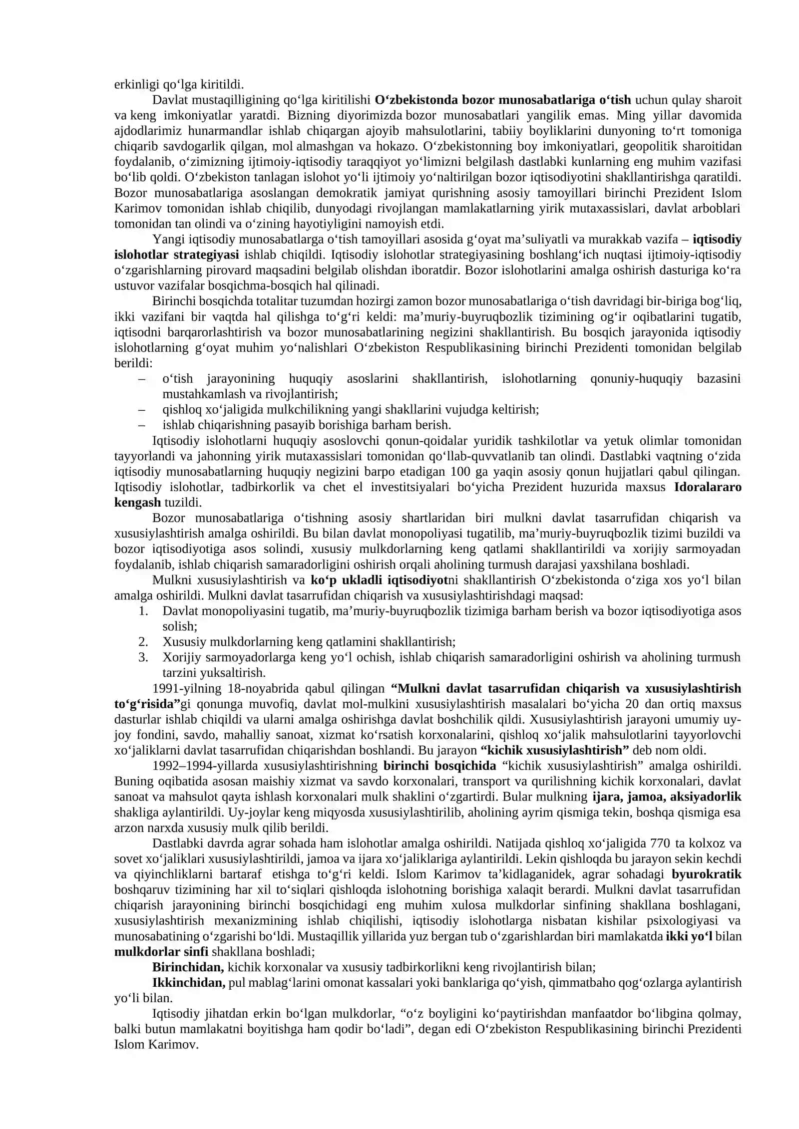 Iqtisodiy islohotlar, xususiy mulkchilikning shakllanishi 2