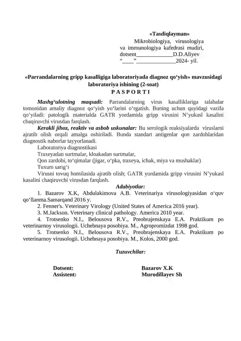 "Parrandalarning gripp kasalligiga laboratoriyada diagnoz qo‘yish" ishlanma 2