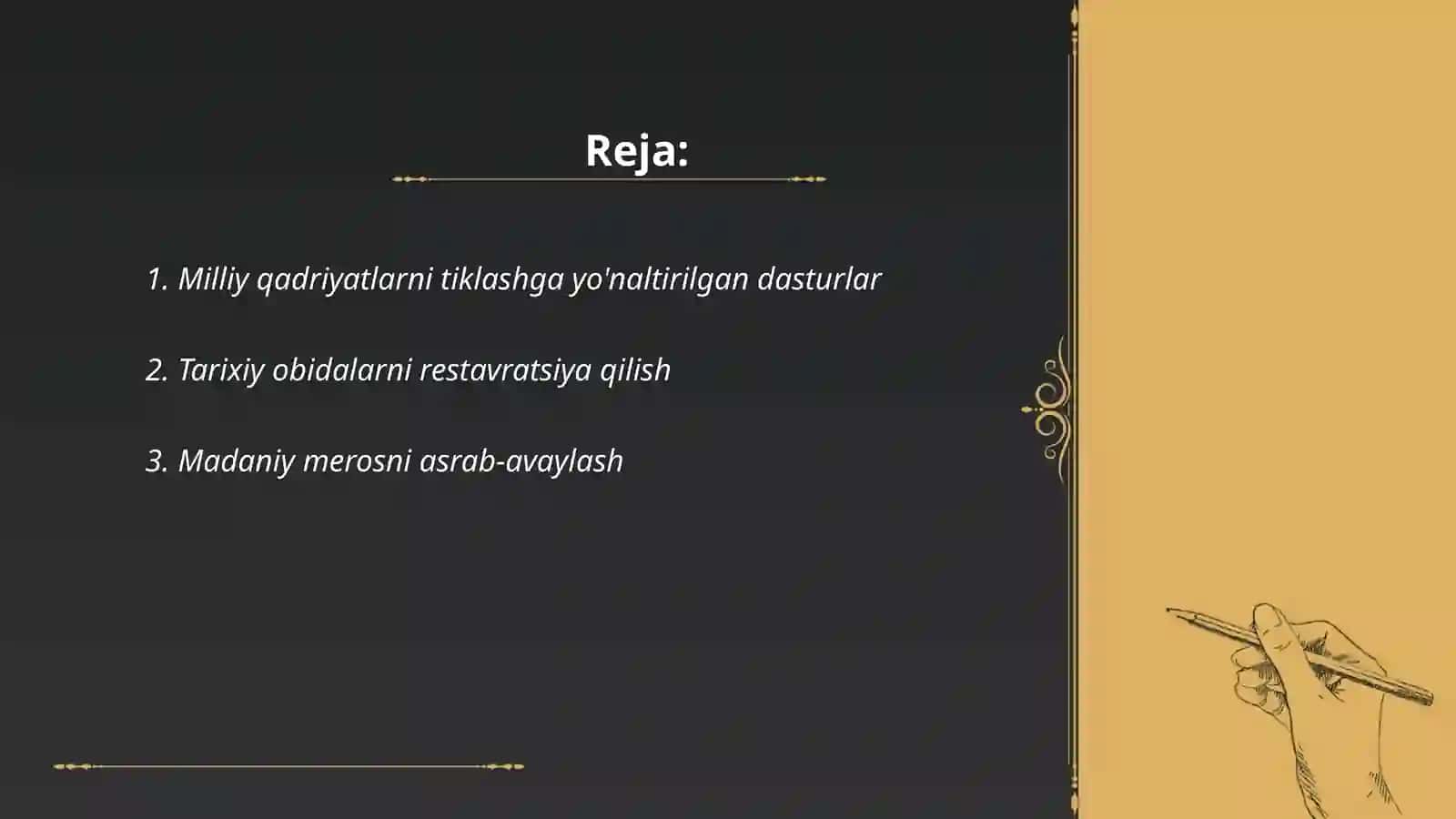 O’zbekistonda milliy qadriyatlar va tarixni tiklash borasida amalga oshirilgan islohotiar mazmuni 2