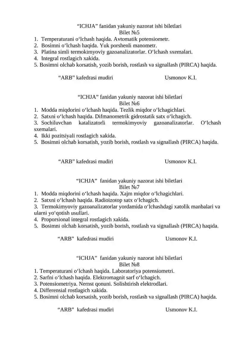 "ICHJA" fanidan yakuniy nazorat ishi biletlari 2
