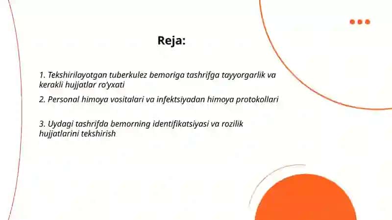 Tekshirilayotgan tuberkulez bemori oʻchogʻiga borish va tibbiy xujjatlarni toʻldirish 2