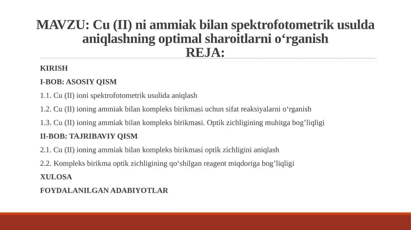 Cu (II)ni ammiak bilan spektrofotometrik usulda aniqlashning optimal sharoitlarini o‘rganish 2