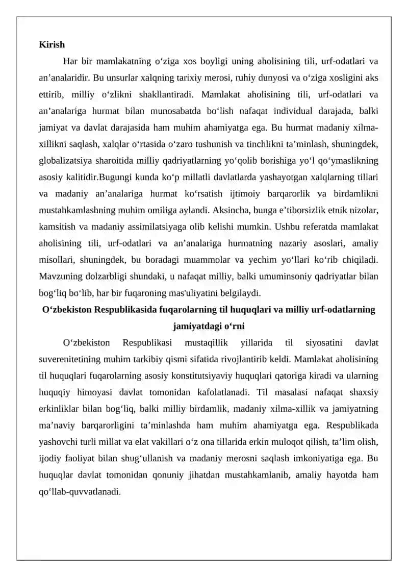Mamlakat aholisining tili, urf-odati va an’analarining hurmat qilinishi 2
