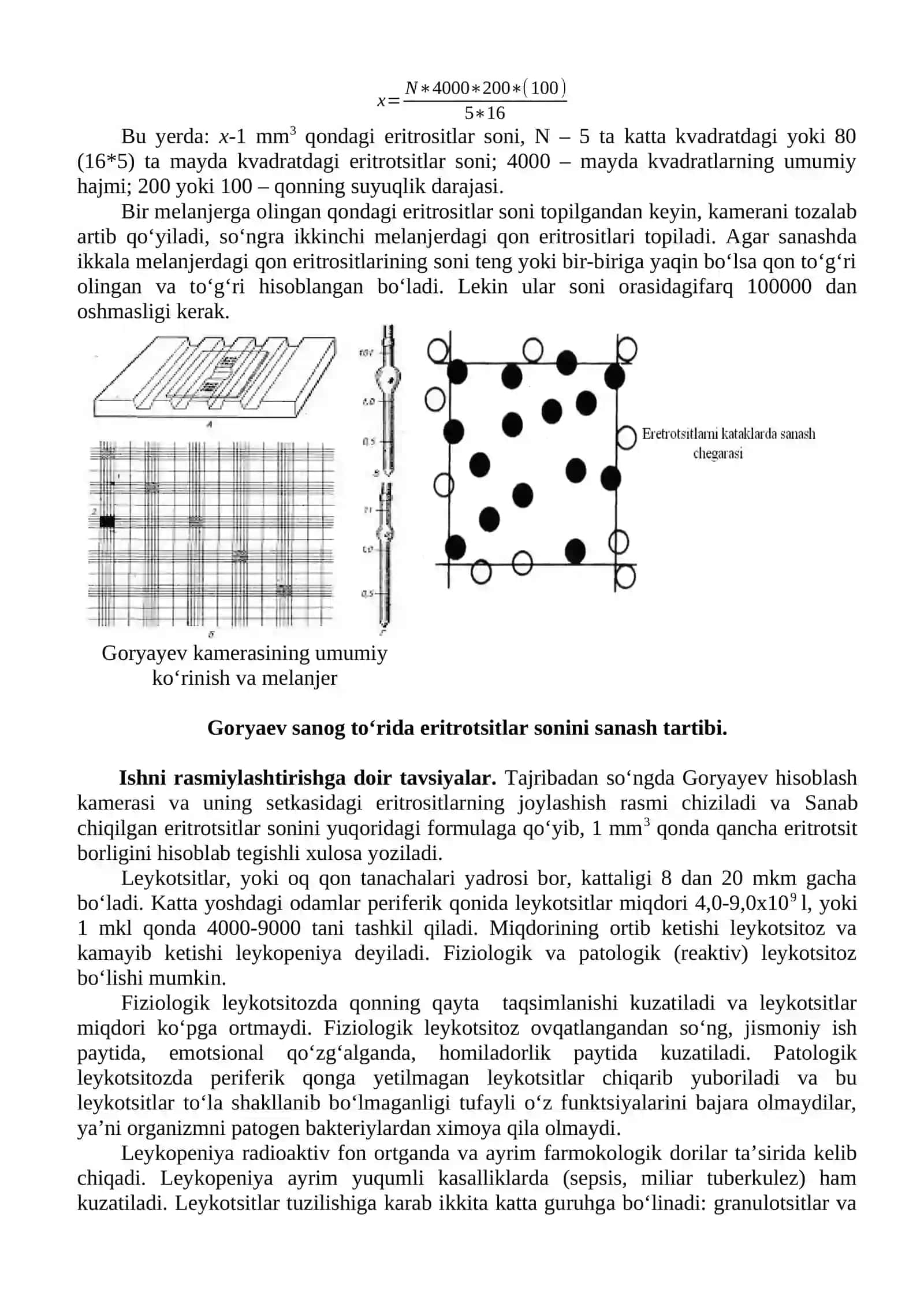 Eritrositlar va leykositlarni Goryayev sanoq toʻrida sanash 2