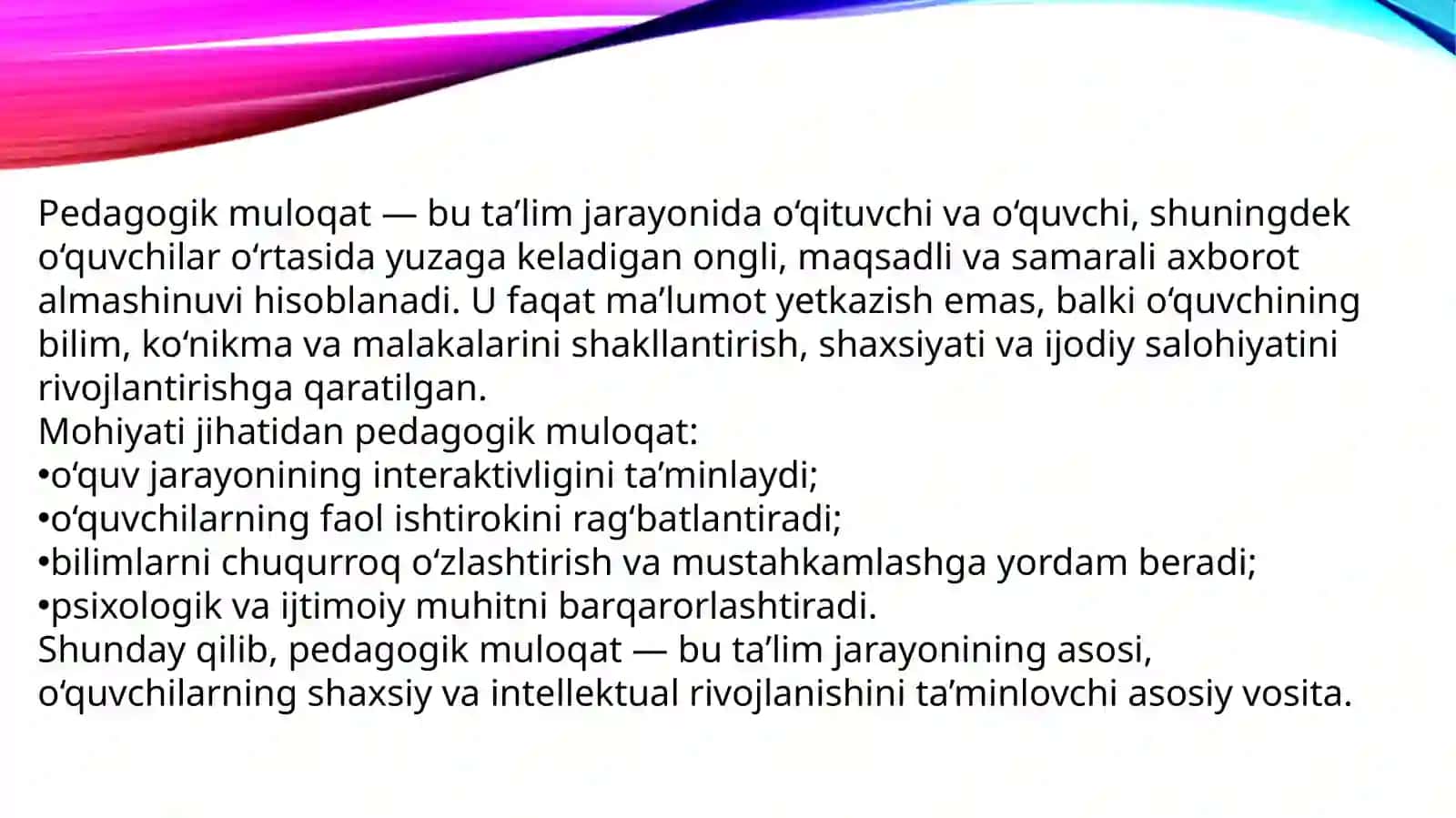 Pedagogik muloqat tizimi va uni tashkiletishtexnologiyasi 2