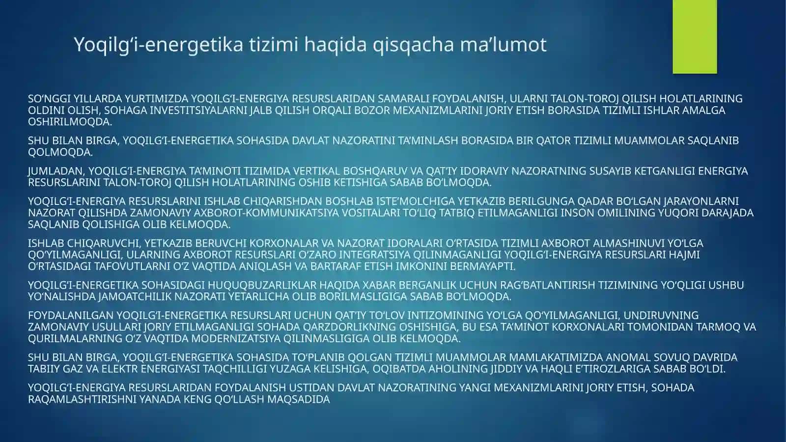 Yoqilg'i-energetika tizimi daxoriy tajribalarni o'rganish 2