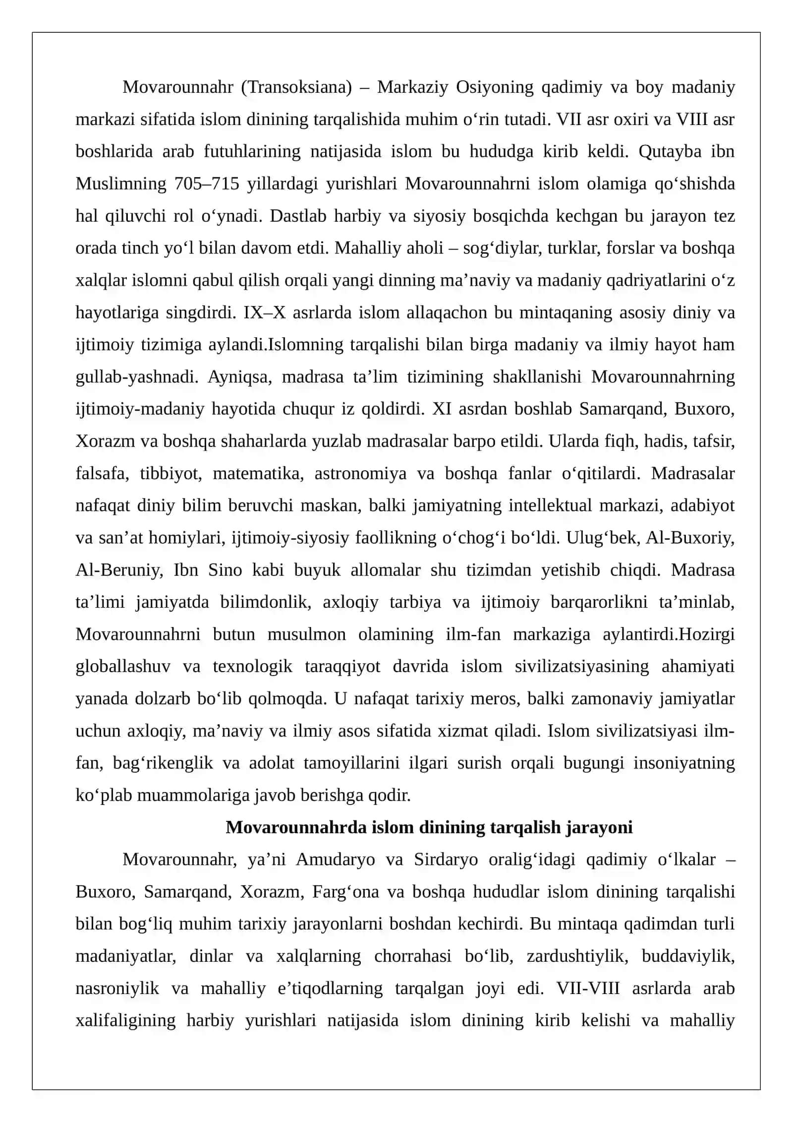 Movarounnahrda islom dinining tarqalishi va madrasa ta’limi shakllanishining ijtimoiy-madaniy hayotga ta’siri. Hozirgi davrda islom sivilizatsiyasining ahamiyati 2