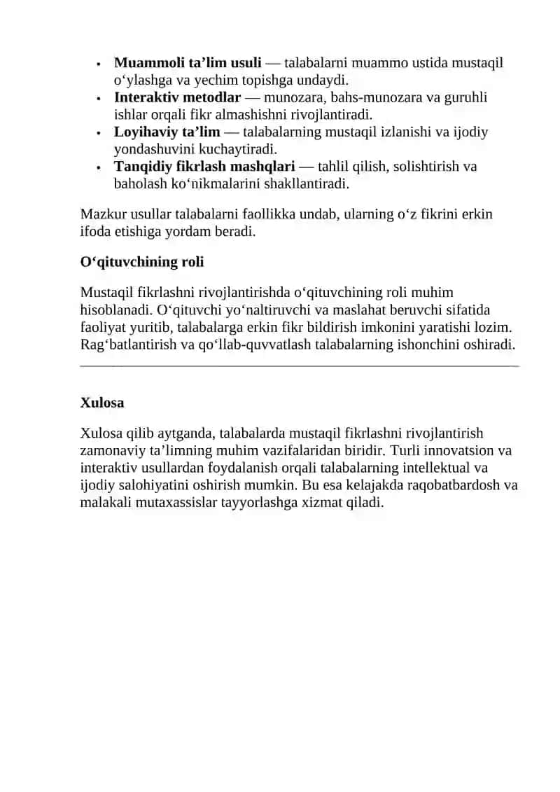 Talabalarda mustaqil fikrlashni rivojlantirish usullari 2