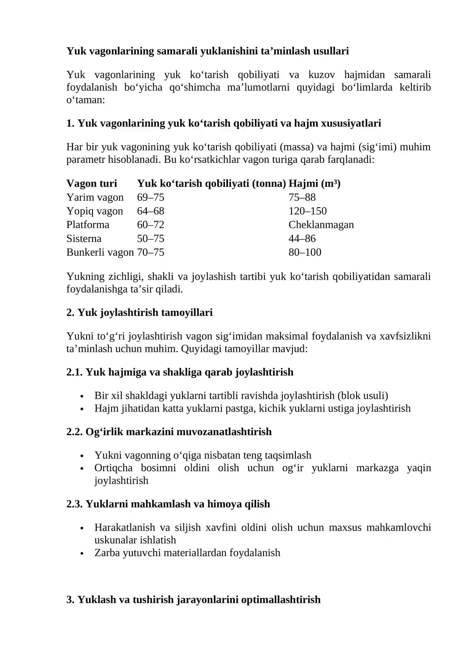 Vagonning yuk kutarish qobilyati va kuzov hajmidan toliq foydalanish 2
