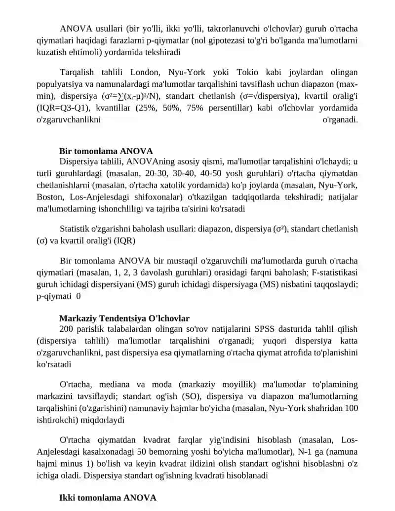 Statistka varyatsiyani baholash usulari va dispirsiyon tahlil asoslari 2