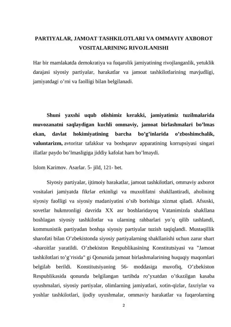 PARTIYALAR, JAMOAT TASHKILOTLARI VA OMMAVIY AXBOROT VOSITALARINING RIVOJLANISHI 2
