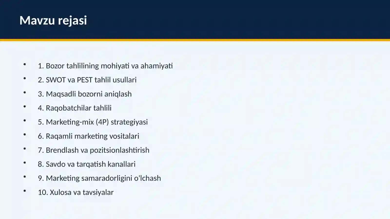 Bozor imkoniyatlarini tahlil qilish va Marketing Strategiyasi 2