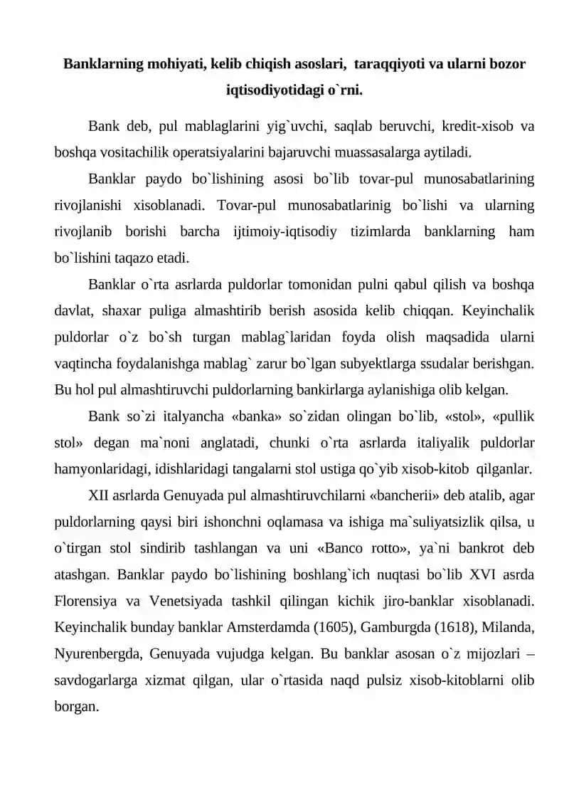 Banklar va ularning bozor iqtisodiyotidagi o’rni 2