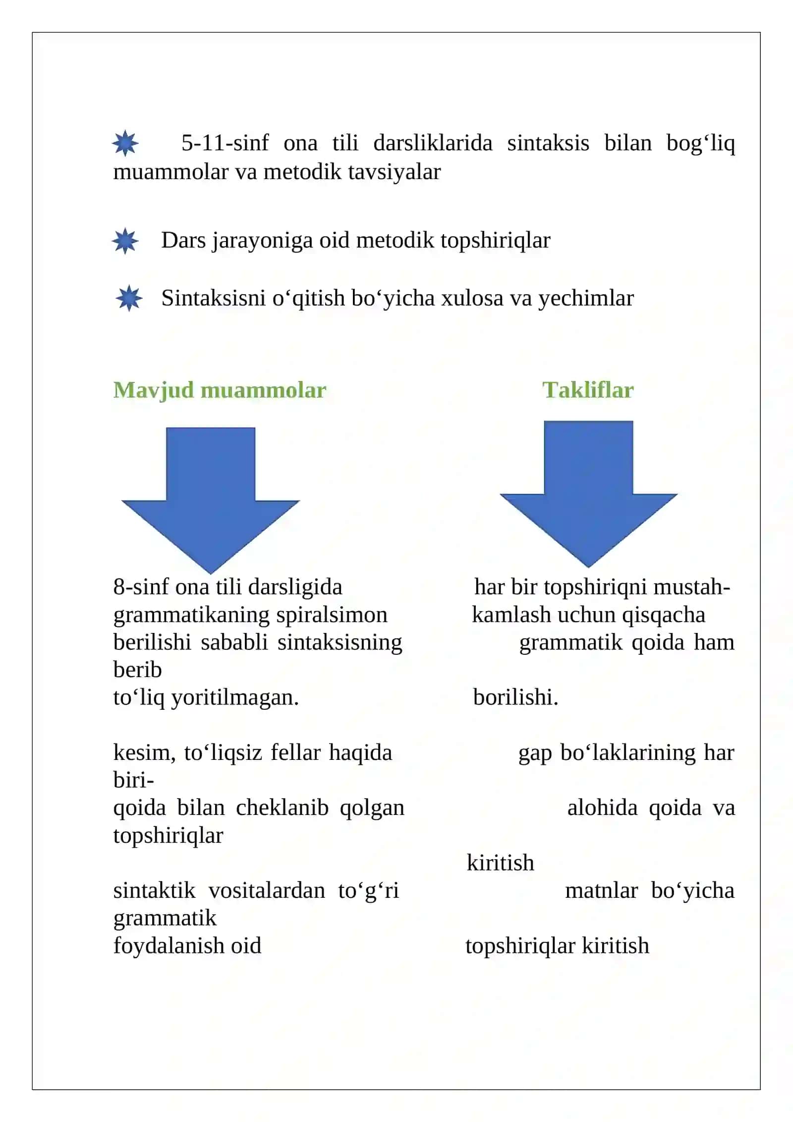Lojiha rejasi 5-11-sinf ona tili darsliklarida sintaksis bilan bog‘liq muammolar va metodik tavsiyalar 2
