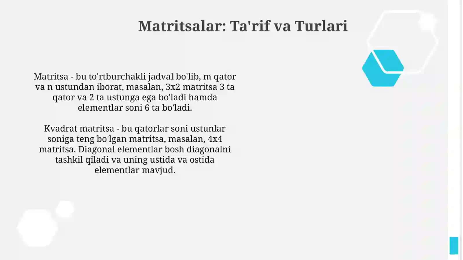 Matritsalar: Asosiy tushunchalar va ta'riflar 2