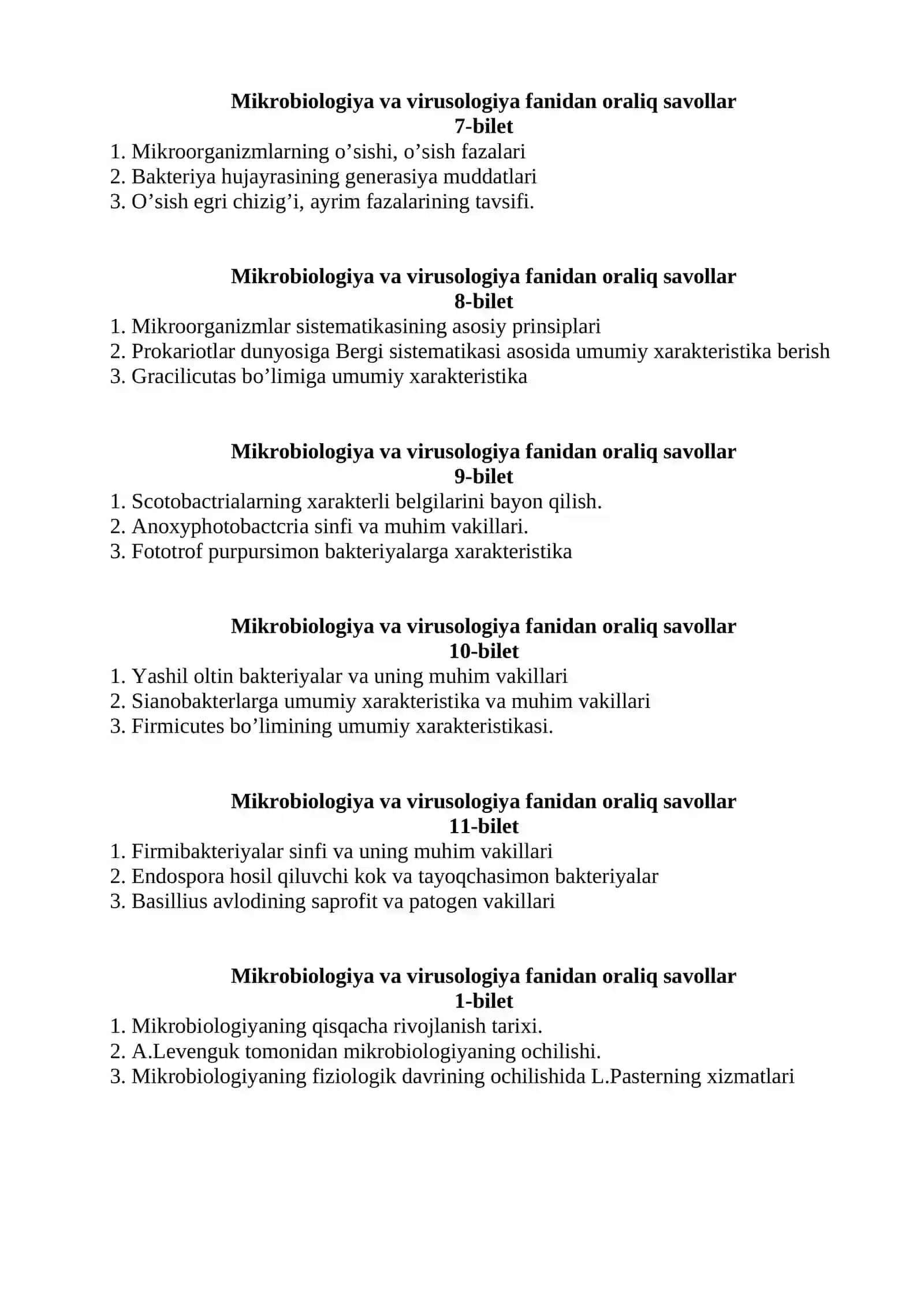 Mikrobiologiya va virusologiya fanidan oraliq savollar 2