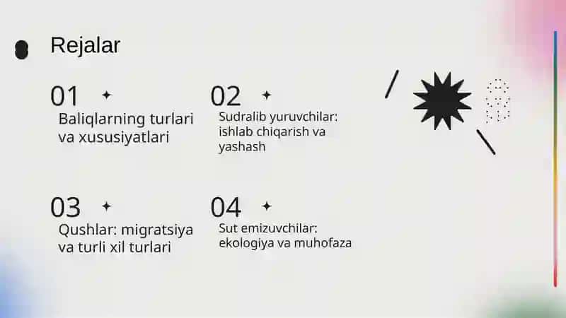 Hayvonot olamining xilma-xilligi va avlod. Baliqlar. Sudralib yuruvchilar. Qushlar. Sut emizuvchilar sinfi 2