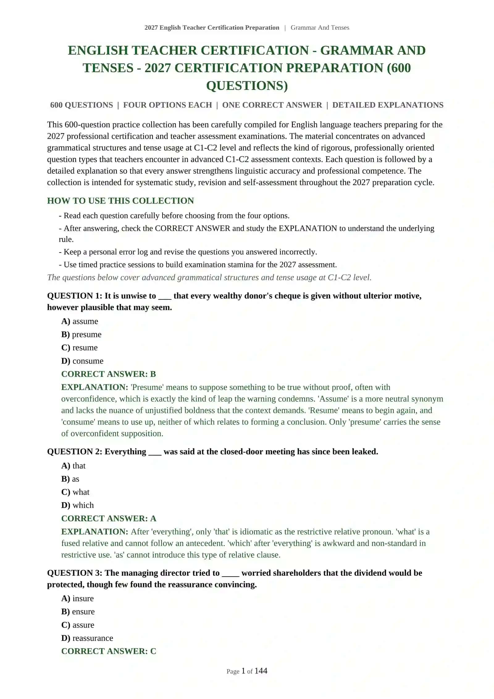ENGLISH TEACHER CERTIFICATION - GRAMMAR AND TENSES - 2027 CERTIFICATION PREPARATION (600 QUESTIONS) 2
