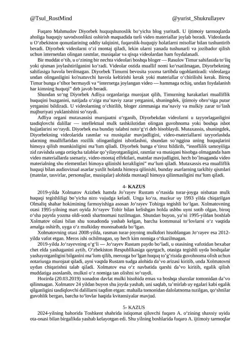 Mulk huquq modulidan (2025.12.01) 2-kurs 3-semestr YN kazuslar 2