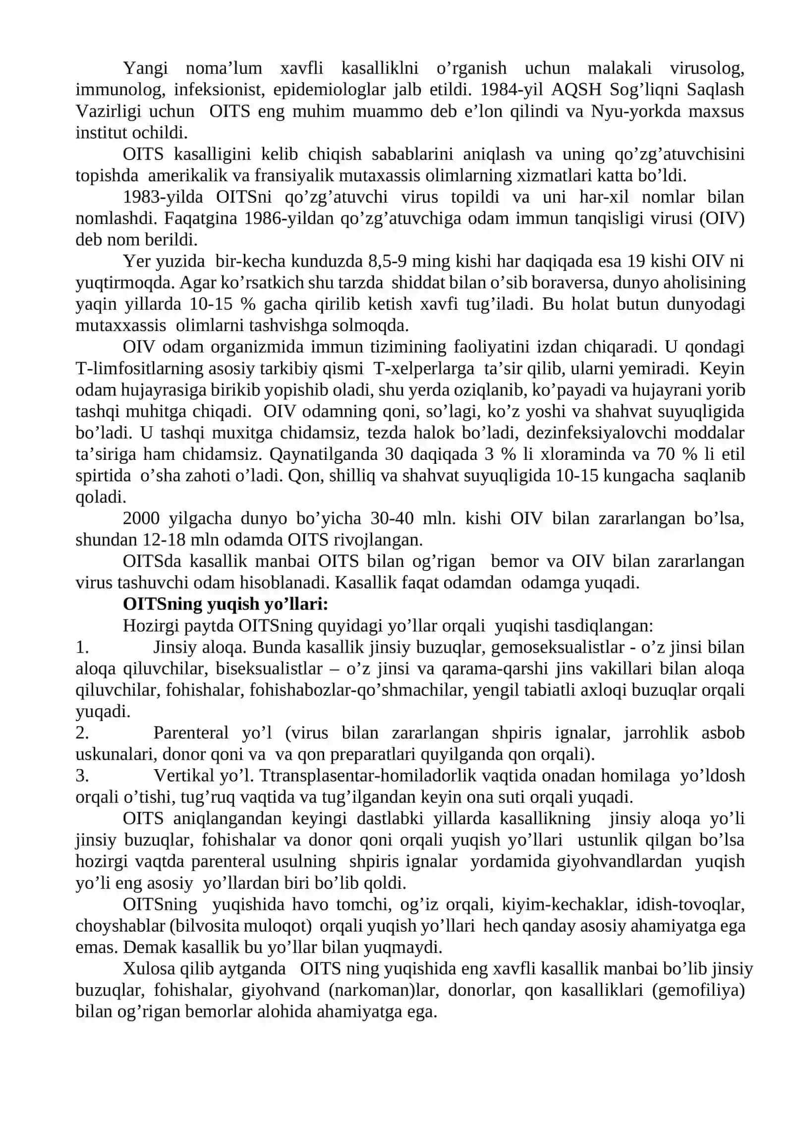 Orttirilgan immunitet tanqisligi sindromi (OITS) haqida ma’lumot. OITS ning klinik belgilari, tashxisi, davolash va oldini olish 2