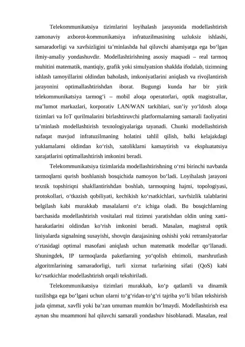 TELEKOMMUNIKATSIYA TIZIMLARINI LOYIHALASHDA MODELLASHTIRISHNI QO‘LLASH VA UNING O‘RNI 2