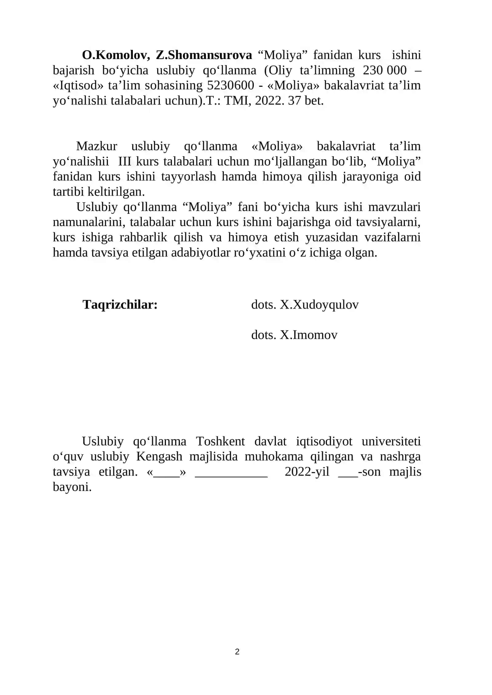 O.Komolov, Z.Shomansurova “Moliya” fanidan kurs ishini bajarish bo‘yicha uslubiy qo‘llanma 2