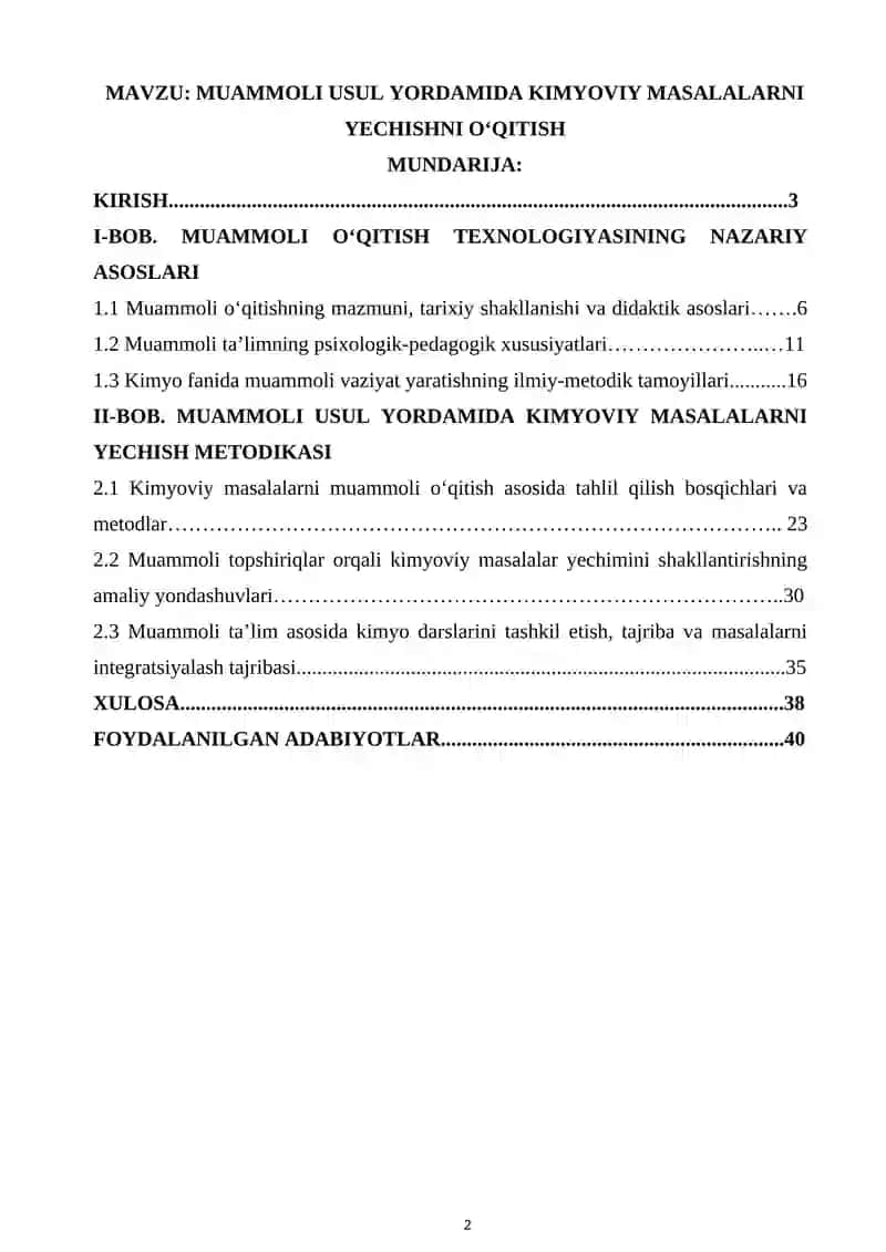 MUAMMOLI USUL YORDAMIDA KIMYOVIY MASALALARNI YECHISHNI O'QITISH 2